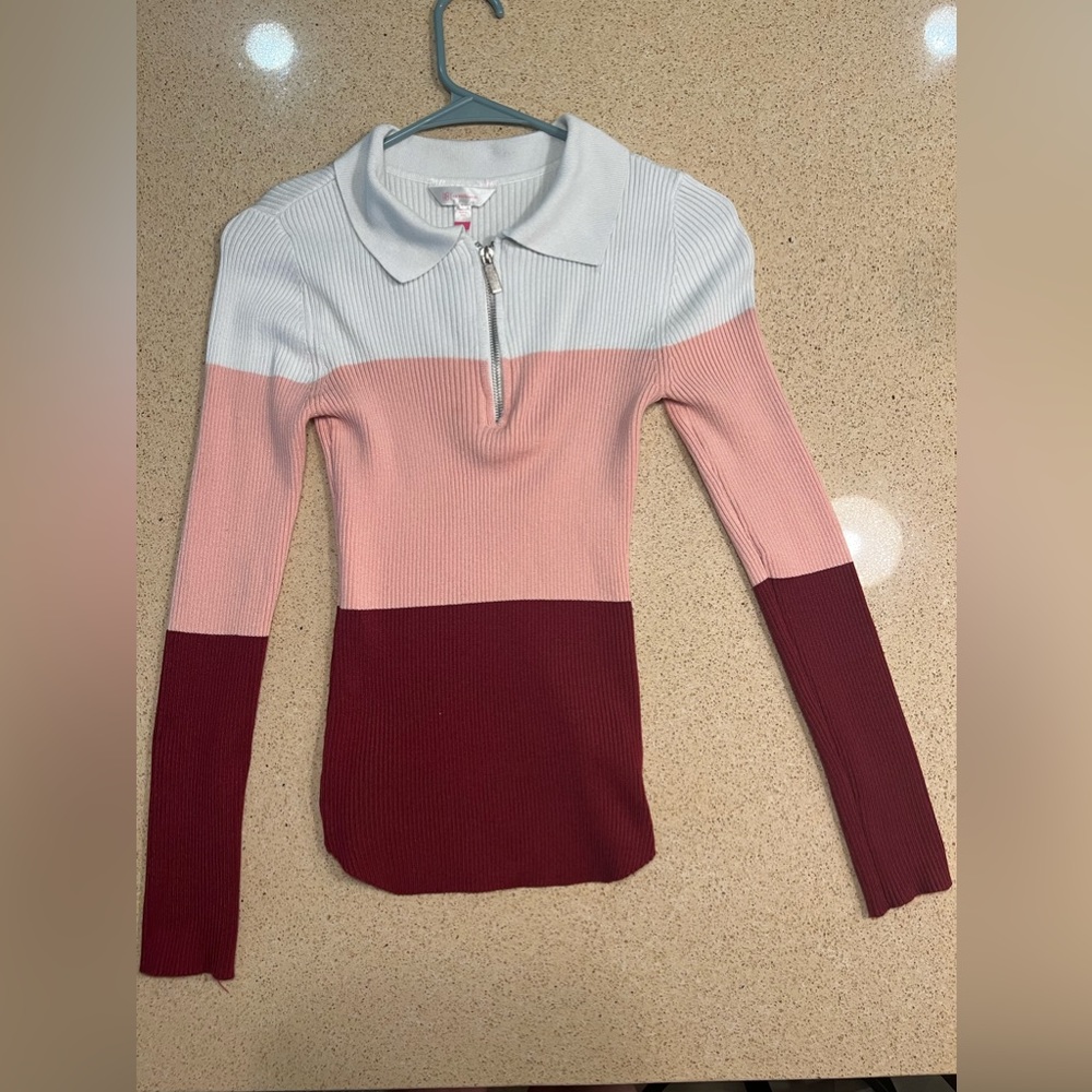 Tri Color Half Zip Collared Sweater